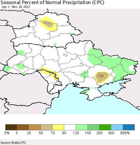 Ukraine, Moldova and Belarus Seasonal Percent of Normal Precipitation (CPC) Thematic Map For 4/1/2023 - 11/20/2023