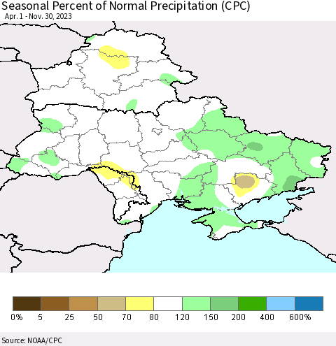 Ukraine, Moldova and Belarus Seasonal Percent of Normal Precipitation (CPC) Thematic Map For 4/1/2023 - 11/30/2023