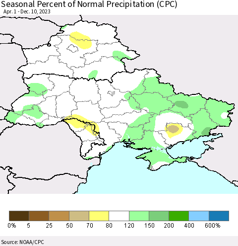 Ukraine, Moldova and Belarus Seasonal Percent of Normal Precipitation (CPC) Thematic Map For 4/1/2023 - 12/10/2023