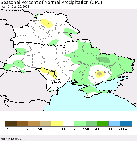 Ukraine, Moldova and Belarus Seasonal Percent of Normal Precipitation (CPC) Thematic Map For 4/1/2023 - 12/20/2023