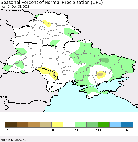 Ukraine, Moldova and Belarus Seasonal Percent of Normal Precipitation (CPC) Thematic Map For 4/1/2023 - 12/31/2023
