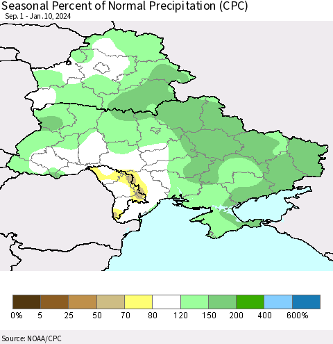 Ukraine, Moldova and Belarus Seasonal Percent of Normal Precipitation (CPC) Thematic Map For 9/1/2023 - 1/10/2024