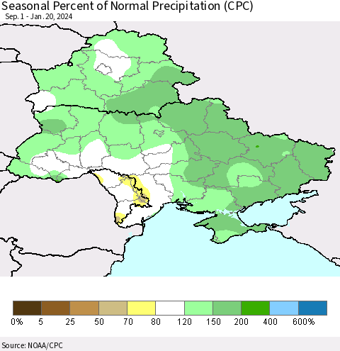 Ukraine, Moldova and Belarus Seasonal Percent of Normal Precipitation (CPC) Thematic Map For 9/1/2023 - 1/20/2024