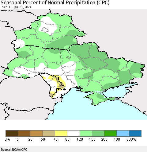 Ukraine, Moldova and Belarus Seasonal Percent of Normal Precipitation (CPC) Thematic Map For 9/1/2023 - 1/31/2024