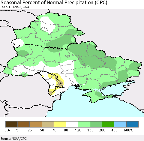 Ukraine, Moldova and Belarus Seasonal Percent of Normal Precipitation (CPC) Thematic Map For 9/1/2023 - 2/5/2024