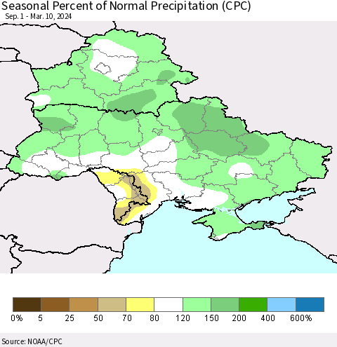 Ukraine, Moldova and Belarus Seasonal Percent of Normal Precipitation (CPC) Thematic Map For 9/1/2023 - 3/10/2024
