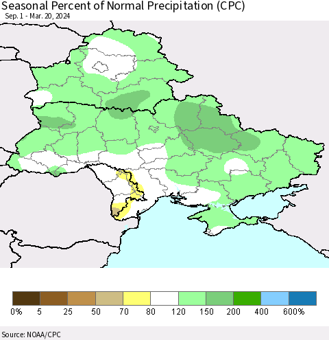 Ukraine, Moldova and Belarus Seasonal Percent of Normal Precipitation (CPC) Thematic Map For 9/1/2023 - 3/20/2024