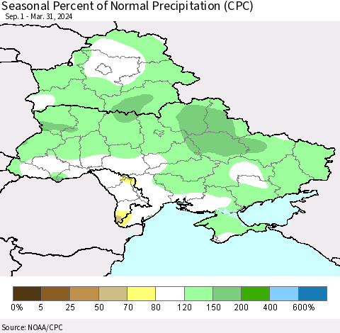 Ukraine, Moldova and Belarus Seasonal Percent of Normal Precipitation (CPC) Thematic Map For 9/1/2023 - 3/31/2024