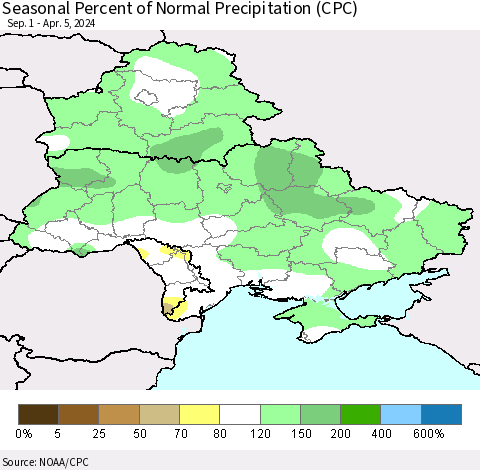 Ukraine, Moldova and Belarus Seasonal Percent of Normal Precipitation (CPC) Thematic Map For 9/1/2023 - 4/5/2024