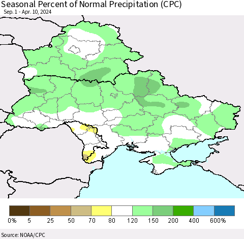 Ukraine, Moldova and Belarus Seasonal Percent of Normal Precipitation (CPC) Thematic Map For 9/1/2023 - 4/10/2024