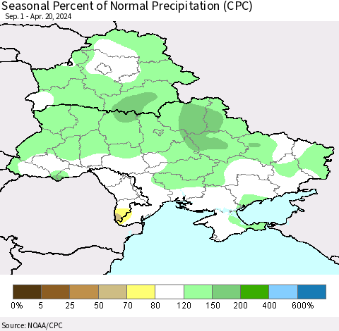 Ukraine, Moldova and Belarus Seasonal Percent of Normal Precipitation (CPC) Thematic Map For 9/1/2023 - 4/20/2024