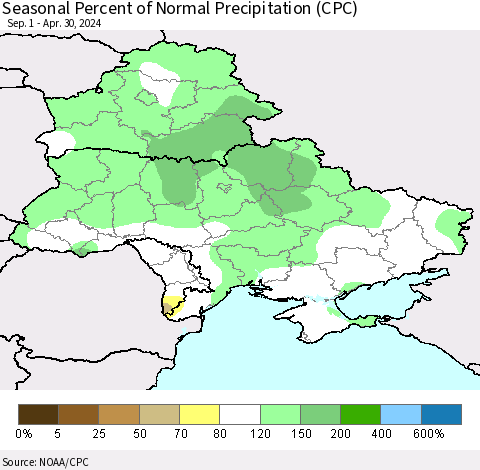 Ukraine, Moldova and Belarus Seasonal Percent of Normal Precipitation (CPC) Thematic Map For 9/1/2023 - 4/30/2024