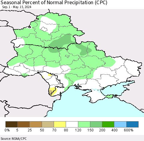 Ukraine, Moldova and Belarus Seasonal Percent of Normal Precipitation (CPC) Thematic Map For 9/1/2023 - 5/15/2024