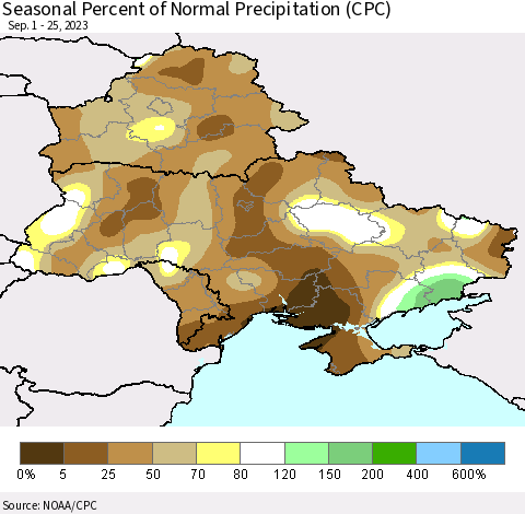 Ukraine, Moldova and Belarus Seasonal Percent of Normal Precipitation (CPC) Thematic Map For 9/1/2023 - 9/25/2023
