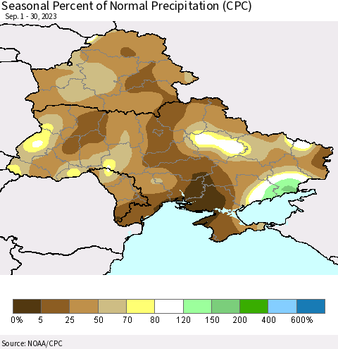 Ukraine, Moldova and Belarus Seasonal Percent of Normal Precipitation (CPC) Thematic Map For 9/1/2023 - 9/30/2023