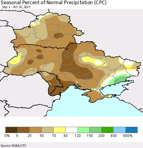 Ukraine, Moldova and Belarus Seasonal Percent of Normal Precipitation (CPC) Thematic Map For 9/1/2023 - 10/10/2023