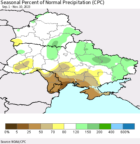 Ukraine, Moldova and Belarus Seasonal Percent of Normal Precipitation (CPC) Thematic Map For 9/1/2023 - 11/10/2023