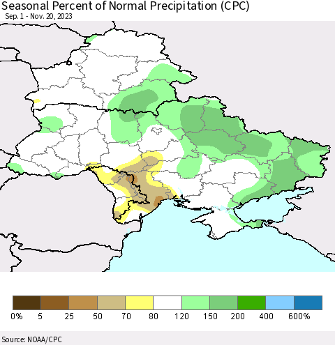 Ukraine, Moldova and Belarus Seasonal Percent of Normal Precipitation (CPC) Thematic Map For 9/1/2023 - 11/20/2023
