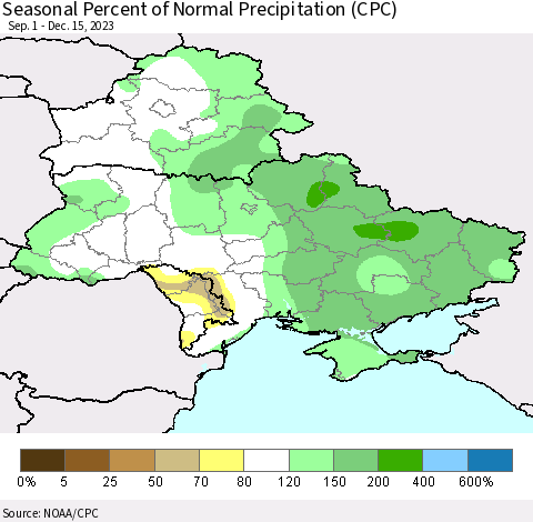 Ukraine, Moldova and Belarus Seasonal Percent of Normal Precipitation (CPC) Thematic Map For 9/1/2023 - 12/15/2023