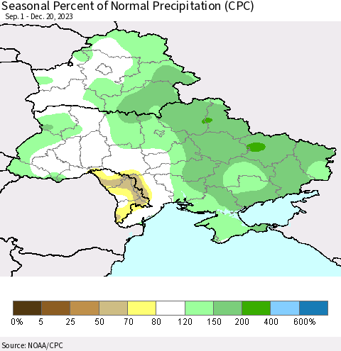 Ukraine, Moldova and Belarus Seasonal Percent of Normal Precipitation (CPC) Thematic Map For 9/1/2023 - 12/20/2023