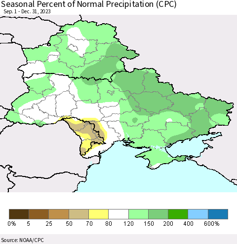 Ukraine, Moldova and Belarus Seasonal Percent of Normal Precipitation (CPC) Thematic Map For 9/1/2023 - 12/31/2023