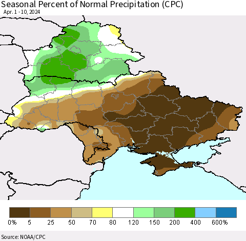Ukraine, Moldova and Belarus Seasonal Percent of Normal Precipitation (CPC) Thematic Map For 4/1/2024 - 4/10/2024