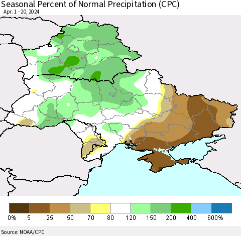 Ukraine, Moldova and Belarus Seasonal Percent of Normal Precipitation (CPC) Thematic Map For 4/1/2024 - 4/20/2024