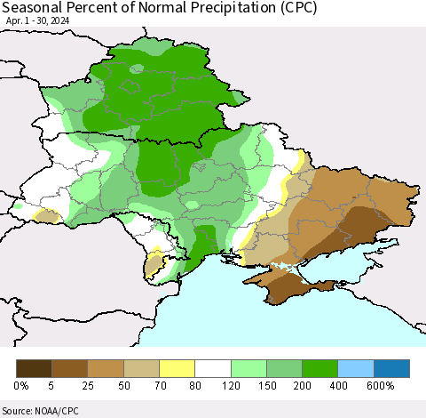 Ukraine, Moldova and Belarus Seasonal Percent of Normal Precipitation (CPC) Thematic Map For 4/1/2024 - 4/30/2024