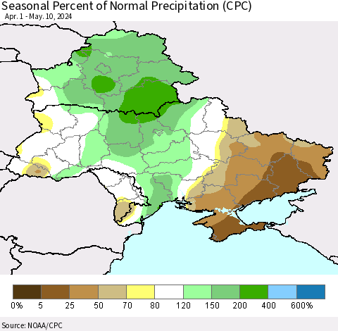 Ukraine, Moldova and Belarus Seasonal Percent of Normal Precipitation (CPC) Thematic Map For 4/1/2024 - 5/10/2024