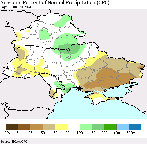 Ukraine, Moldova and Belarus Seasonal Percent of Normal Precipitation (CPC) Thematic Map For 4/1/2024 - 6/30/2024
