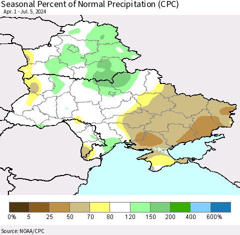 Ukraine, Moldova and Belarus Seasonal Percent of Normal Precipitation (CPC) Thematic Map For 4/1/2024 - 7/5/2024