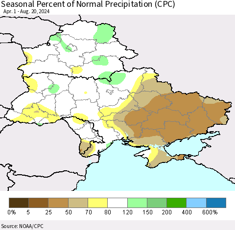 Ukraine, Moldova and Belarus Seasonal Percent of Normal Precipitation (CPC) Thematic Map For 4/1/2024 - 8/20/2024
