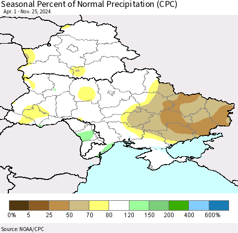 Ukraine, Moldova and Belarus Seasonal Percent of Normal Precipitation (CPC) Thematic Map For 4/1/2024 - 11/25/2024