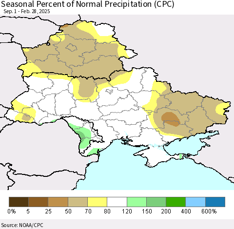 Ukraine, Moldova and Belarus Seasonal Percent of Normal Precipitation (CPC) Thematic Map For 9/1/2024 - 2/28/2025