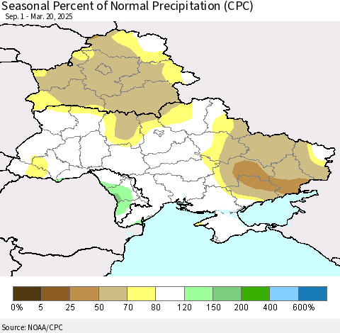Ukraine, Moldova and Belarus Seasonal Percent of Normal Precipitation (CPC) Thematic Map For 9/1/2024 - 3/20/2025
