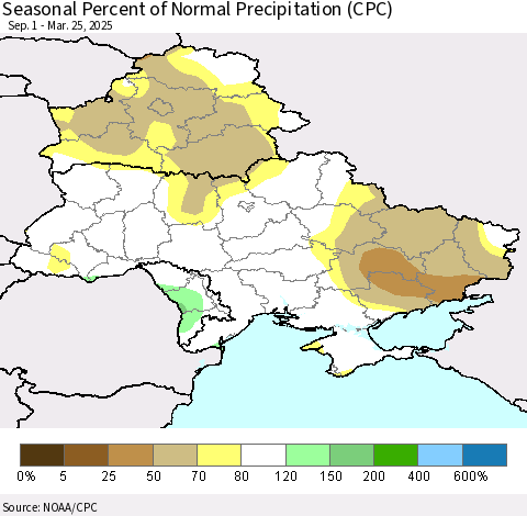 Ukraine, Moldova and Belarus Seasonal Percent of Normal Precipitation (CPC) Thematic Map For 9/1/2024 - 3/25/2025