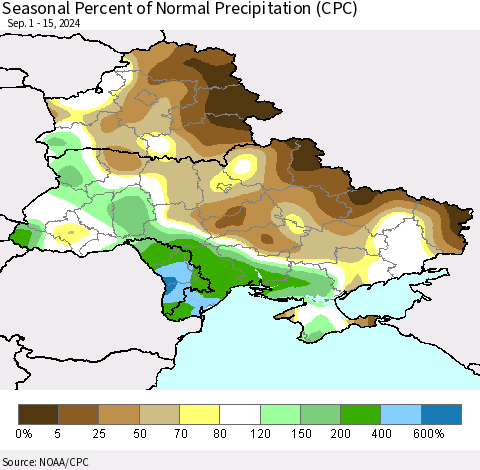 Ukraine, Moldova and Belarus Seasonal Percent of Normal Precipitation (CPC) Thematic Map For 9/1/2024 - 9/15/2024