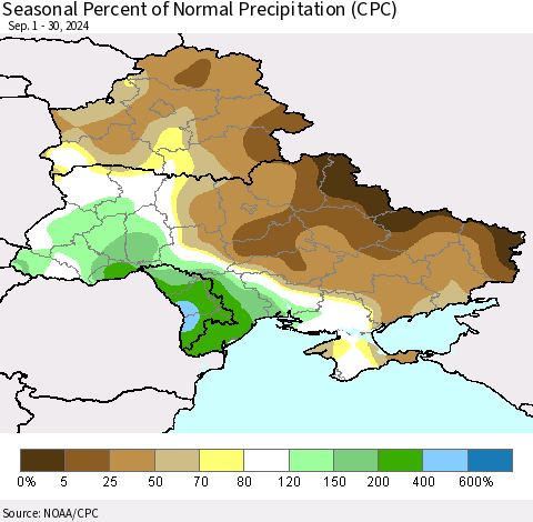 Ukraine, Moldova and Belarus Seasonal Percent of Normal Precipitation (CPC) Thematic Map For 9/1/2024 - 9/30/2024