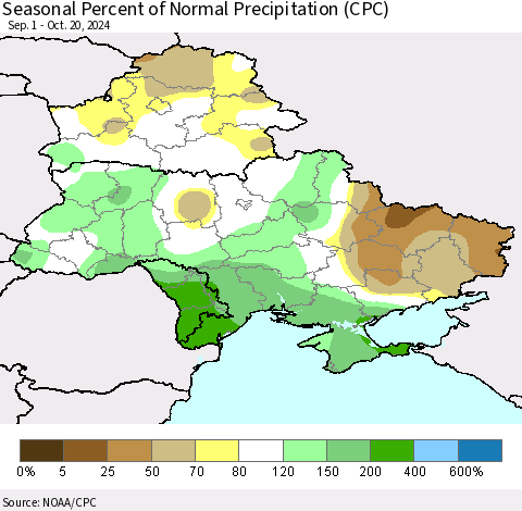 Ukraine, Moldova and Belarus Seasonal Percent of Normal Precipitation (CPC) Thematic Map For 9/1/2024 - 10/20/2024