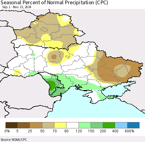 Ukraine, Moldova and Belarus Seasonal Percent of Normal Precipitation (CPC) Thematic Map For 9/1/2024 - 11/15/2024