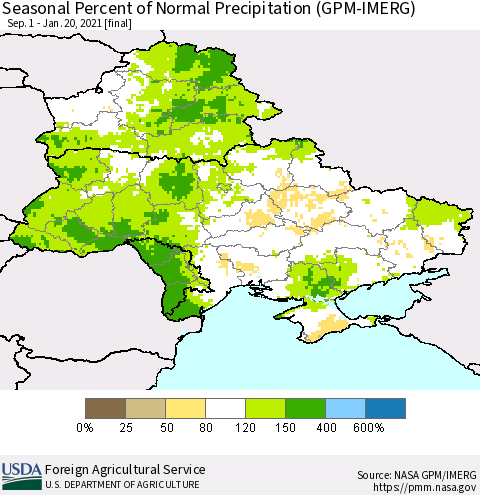 Ukraine, Moldova and Belarus Seasonal Percent of Normal Precipitation (GPM-IMERG) Thematic Map For 9/1/2020 - 1/20/2021