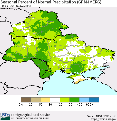 Ukraine, Moldova and Belarus Seasonal Percent of Normal Precipitation (GPM-IMERG) Thematic Map For 9/1/2020 - 1/31/2021