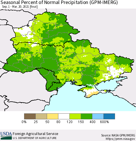 Ukraine, Moldova and Belarus Seasonal Percent of Normal Precipitation (GPM-IMERG) Thematic Map For 9/1/2020 - 3/20/2021
