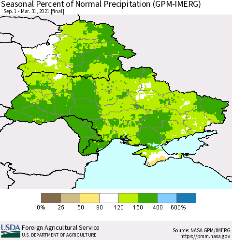 Ukraine, Moldova and Belarus Seasonal Percent of Normal Precipitation (GPM-IMERG) Thematic Map For 9/1/2020 - 3/31/2021