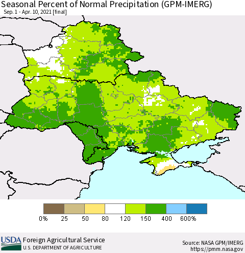 Ukraine, Moldova and Belarus Seasonal Percent of Normal Precipitation (GPM-IMERG) Thematic Map For 9/1/2020 - 4/10/2021
