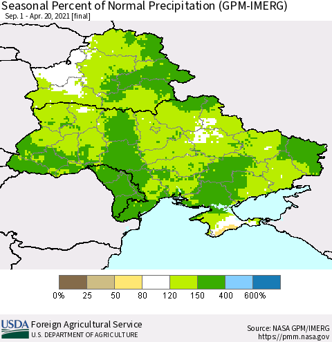 Ukraine, Moldova and Belarus Seasonal Percent of Normal Precipitation (GPM-IMERG) Thematic Map For 9/1/2020 - 4/20/2021