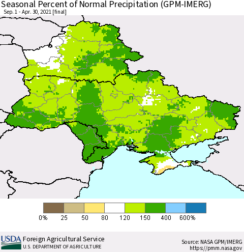 Ukraine, Moldova and Belarus Seasonal Percent of Normal Precipitation (GPM-IMERG) Thematic Map For 9/1/2020 - 4/30/2021