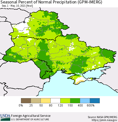 Ukraine, Moldova and Belarus Seasonal Percent of Normal Precipitation (GPM-IMERG) Thematic Map For 9/1/2020 - 5/10/2021
