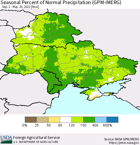 Ukraine, Moldova and Belarus Seasonal Percent of Normal Precipitation (GPM-IMERG) Thematic Map For 9/1/2020 - 5/20/2021