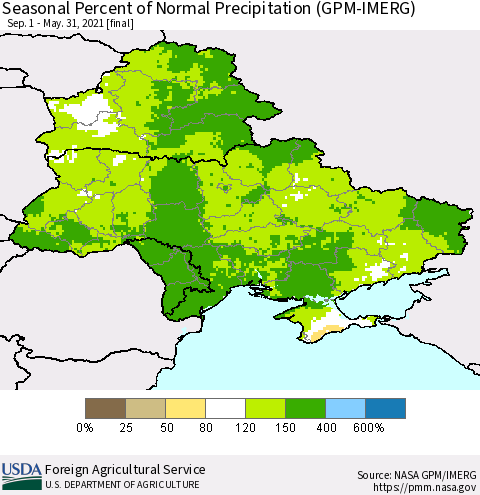 Ukraine, Moldova and Belarus Seasonal Percent of Normal Precipitation (GPM-IMERG) Thematic Map For 9/1/2020 - 5/31/2021
